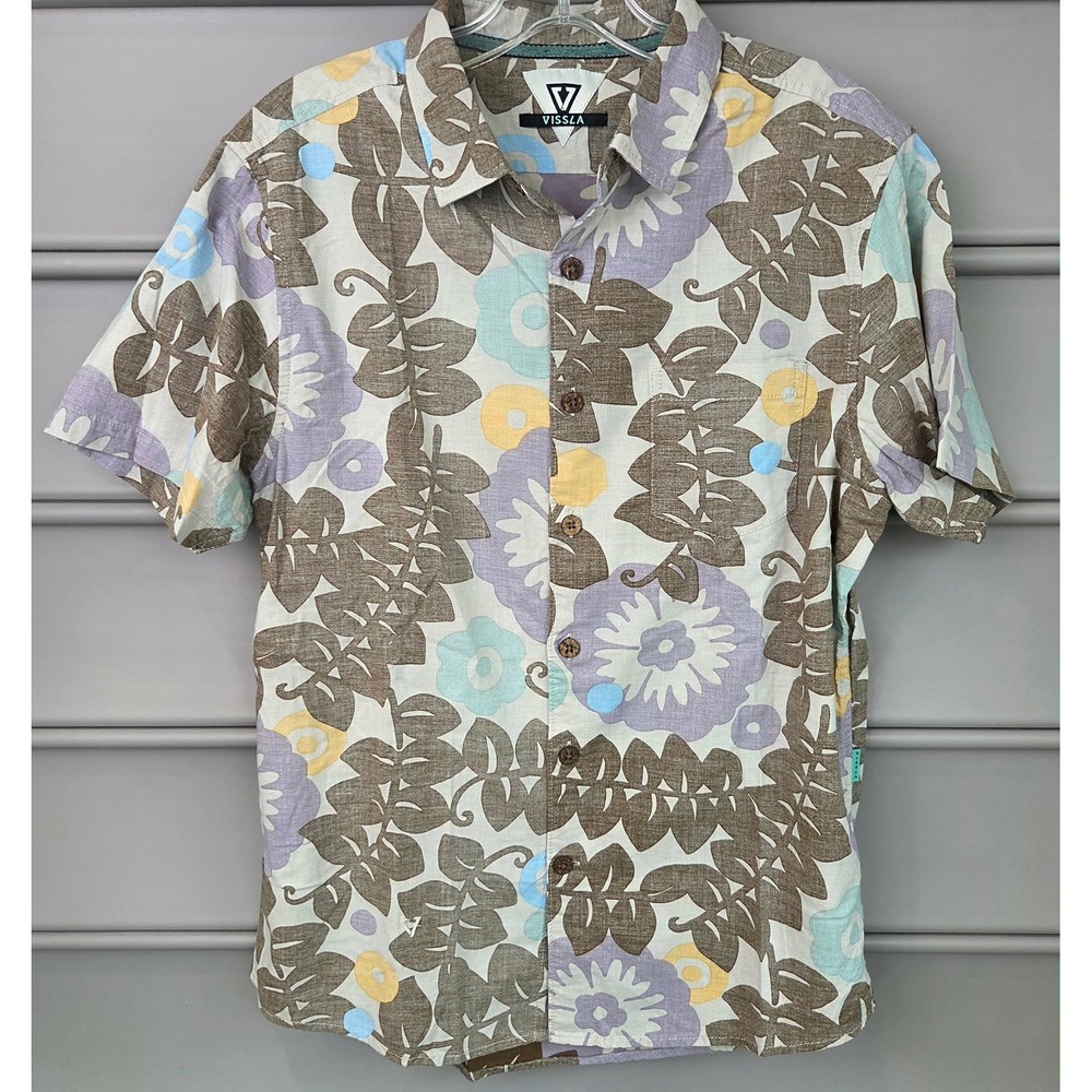 Vissla Zanzabar Mens Floral Leaf Short Sleeve Button Down Shirt Small M501XZAN